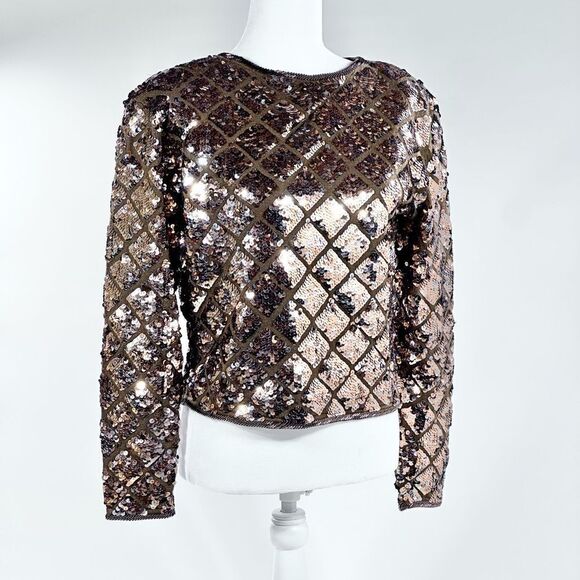 Vintage Cathy Hardwick bronze dynasty style sequin sweater top L - Picture 1 of 10